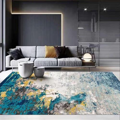 Taidianolp Teppich Wohnzimmer, Blue,200 x 300 cm,Bunte Blau Senfgelb Grau Creme Moderne Muster,Waschbar Kurzflor Teppiche Schlafzimmer Deko Aesthetic