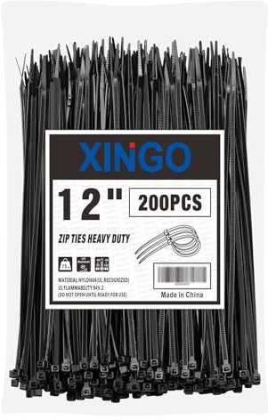 XINGO Fascette nere da 30 cm, resistenti, 200 pezzi, resistenza alla trazione di 34 kg, resistenti ai raggi UV, fascette in plastica autobloccanti di alta qualità, per uso interno ed esterno