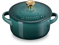 Le Creuset Stoneware Holly Collection Mini Round Cocotte, 8 Oz, Artichaut with Gold Knob