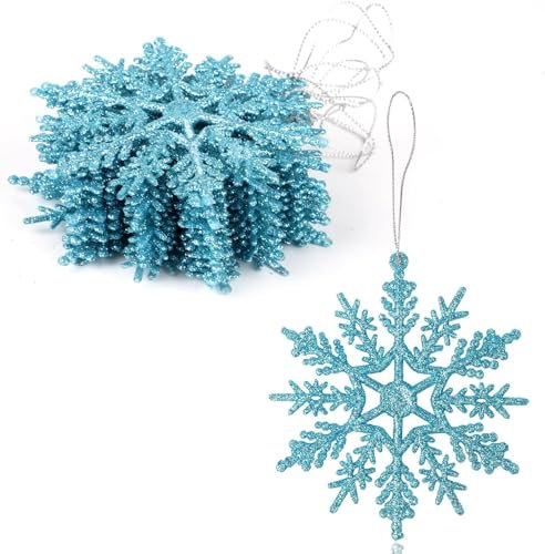 DERAYEE 12 Stück Schneeflocken Weihnachten Deko,Glitter Hängende Ornamente,Weihnachtsbaumschmuck zum Aufhängen (Hellblau)