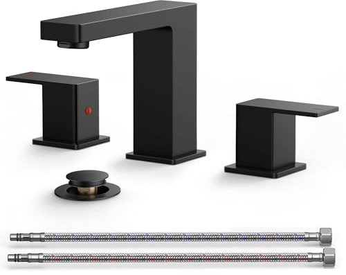 QFN Rubinetto da bagno nero a 3 fori, quadrato da 8 pollici rubinetto da bagno ampio nero opaco con scarico pop-up in metallo e linea di alimentazione UPC, rubinetto nero opaco a due maniglie da 10