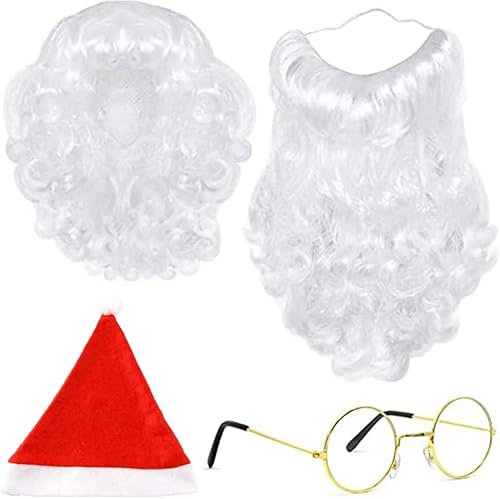 IHLOOTD Weihnachtsmann Bart und Perücke Mütze Brille 4 Stück Santa Claus Zubehör Nikolaus Bart und Perücke Weihnachtsmannbart für Weihnachten, Kostümfeste, Cosplay