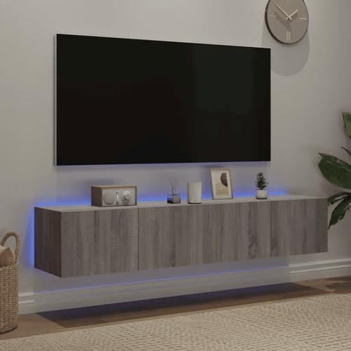 Canditree Floating TV Cabinet with LED Lights, Floating TV Stand with Storage, Floating TV Shelf Wall Mounted Entertainment Center, 160 cm (Grey Sonoma)