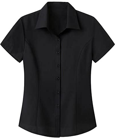 Womens Work Short Sleeve Blouse Shirts Work Tops for Women UK Ladies Office Premium Dress Shirts Reverse Collar Button Down Blouse Plain Easy Care Non-Iron Slim Fit T-Shirts Black