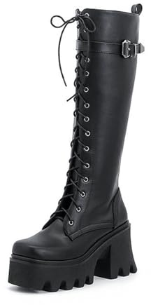 GHSIRUEU Damen Plattform Kniehohe Stiefel Gothic Army Militär Springerstiefel mit Reißverschluss und Schnalle