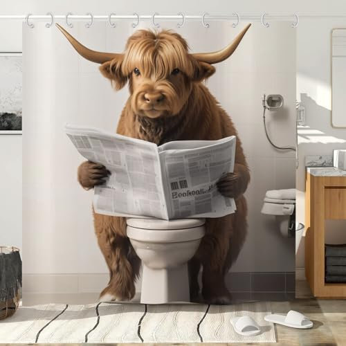 Hnmdmyi Duschvorhang Lustige Hochland Kuh 180x200, Bauernhaus Western Tier Rind Lesen Zeitung auf Toilette Badewanne Vorhang Wasserdicht Polyester Stoff Waschbar Badevorhang für Badezimmer mit Haken