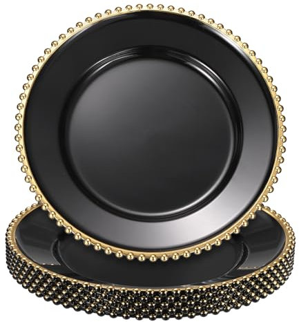 sourcing map 6 sottopiatti rotondi in plastica trasparente, 33 cm, con bordo in perline, per cena, dessert, matrimoni, feste, eventi, decorazione da tavolo, oro chiaro su nero