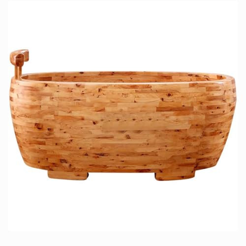 TT-YEC Baignoire en Bois De Luxe Artisanale, Baignoire Autoportante avec Appui-Tête Et Tabouret, Baignoire De Style Japonais avec Robinet De Vidange, Bois De Chêne Naturel/Cyprès,Al160cm