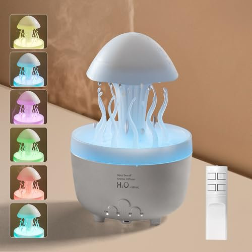 Foyucool Rain Cloud Humidifier, Essential Oil Diffuser with 7 Colors Light, Timing 2/4/8H and Waterless Auto-Off, Simulate Falling Raindrops and Autorotation, for Home, Yoga and Relaxing, White