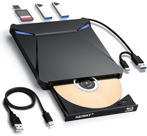 Haiway Masterizzatore Blu-ray esterno 5 in 1, USB 3.0 e tipo-C DVD/CD/Blu ray masterizzatore con lettore di schede SD/TF, supporta dischi da 100 GB R/W per Windows, Linux, macOS (PC/laptop/desktop)