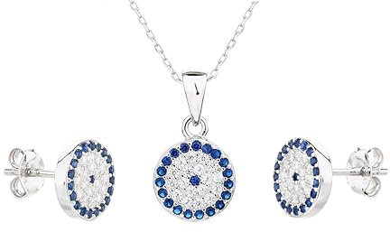 MYSTIC JEWELS Schmuckset aus 925er-Sterlingsilber, türkisches Auge mit Zirkonia, Anhänger mit Kette und Ohrringen aus Sterlingsilber, rhodiniert