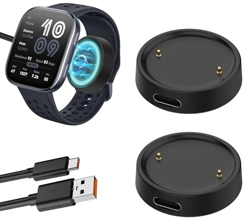 Caricatore smartwatch adattatore USB-C compatibile con Am-azfit Active 2, Active 2 Square, Bip 6, convertitore di ricarica tipo C per smartwatch senza cavo, set 2 pezzi nero, accessori orologi smart
