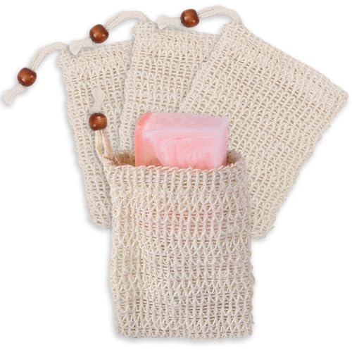 Yatrosynth 4pcs Sac À Savon Sisal, Naturel Sachet à Savon avec Cordon de Serrage, pour Faire Mousser et Sécher Le Savon, Exfoliant(Style perlé)