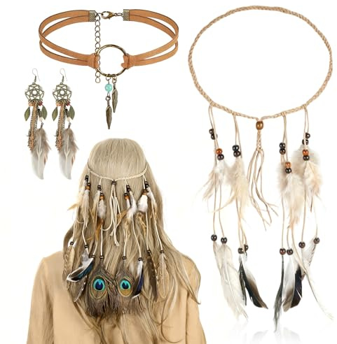 3 Stück Teiliges Indianer Kopf Schmuck Set, Vintage Karneval Schmuck | Boho Ohrringe, Bohemien Feder Quasten Seil Weben Stirnband Gürtel Haarband Haarschmuck Boho Indisch Haarbänder