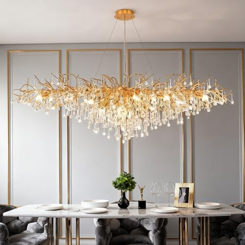 Leomix Moderne Kristalllampen, Luxuriöse Goldene Ast - Formige Kronleuchter, Tropfenförmige Kristalllampen für Esszimmer und Wohnzimmer,Rectangular 140cm