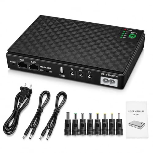 Mini USV batteria di backup per router, batteria integrata da 10400mAh, protezione da sovratensione con PoE, uscita USB 5V/2A, DC 5V/9V/12V,2A, alimentazione di emergenza