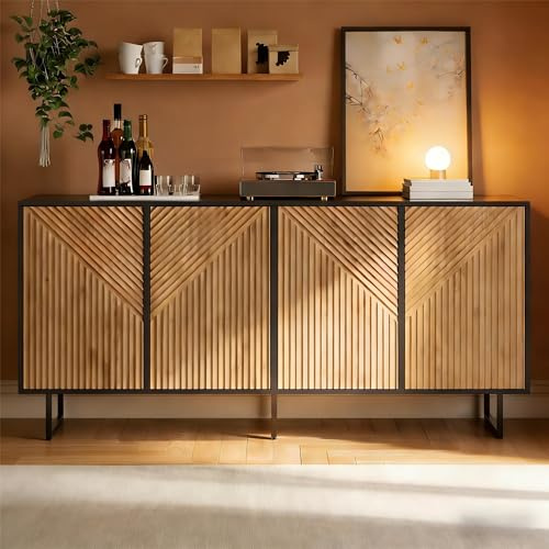 ModernLuxe Sideboard 1Wohnzimmer mit 4 Türen, Wohnzimmerschrank mit Stauraum, Buffetschrank Holz Schwarz Naturholz Design, Kommode mit 8 Fächern, Sideboard mit Eisenfüßen 160 x 40 x 75 cm