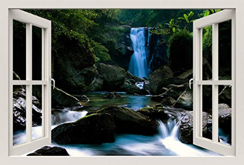Unified Distribution Wasserfall im Urwald - Wandtattoo mit 3D Effekt, Aufkleber für Wände und Türen Größe: 92x61 cm, Stil: Fenster