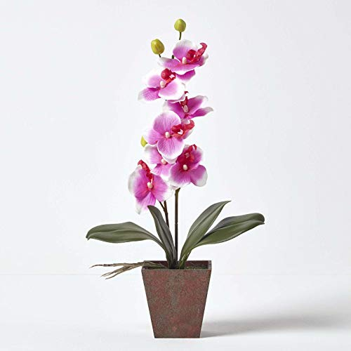 Homescapes künstliche rosa Orchidee im braunen Topf, kleine Pinke Kunstblume ca. 48 cm hoch, ideal als Dekoration für Büro, Beistelltisch oder Fensterbank