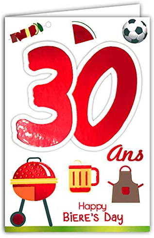 69-2028 Geburtstagskarte, 30 Jahre, Herren, Bier Fußball Grill BBQ Hamburger Party Freunde
