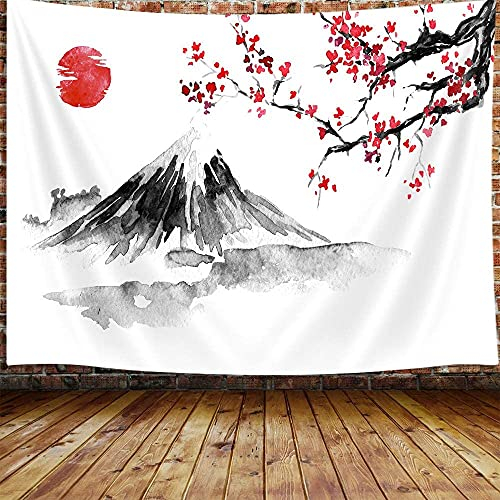 Großer Wandteppich, japanischer Stil, Motiv: asiatische Anime Mount Fuji rote Sonne, Wandbehang für Schlafzimmer, Stranddecke, College Wohnheim (203x152 cm)