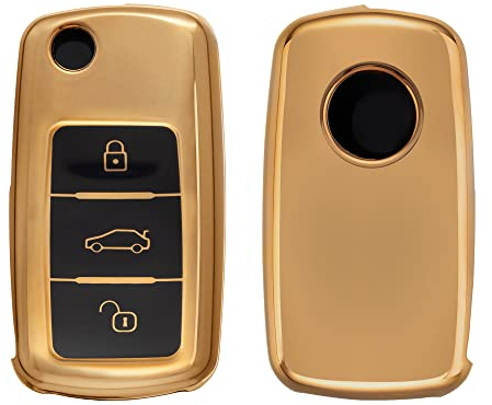 kwmobile Autoschlüssel Hülle kompatibel mit VW Skoda Seat 3-Tasten Autoschlüssel - Schlüsselhülle Silikon Cover - Hochglanz Gold