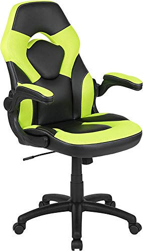 Flash Furniture Sedia racing girevole da gaming X10, per ufficio e PC, ergonomica, regolabile, con braccioli ribaltabili, ecopelle verde neon/nera, poliuretano