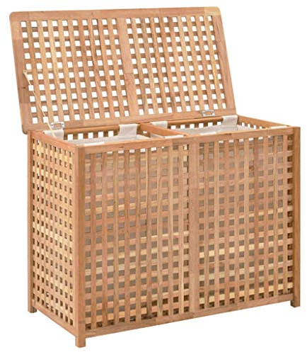 Tidyard Wäschetruhe Wäschekorb Mit 2 Staufächer,Abnehmbare innere Stoffsäcke,Abmessungen:87,5 x 46 x 67 cm (B x T x H),Walnuss-Massivholz und Sperrholz Natur
