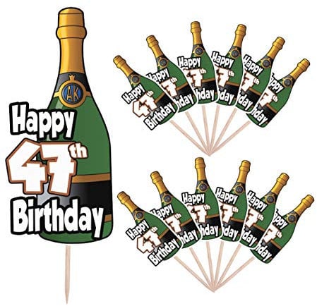 AK Giftshop Happy 47th Birthday - Champagne Bottle Party Food Cake Cupcakes Picks Sticks Decorations Toppers Stand Up Food Flags