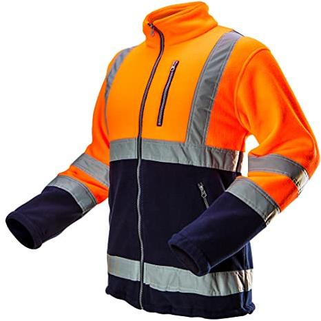 NEO TOOLS Herren Warnschutz-Arbeitsjacke, Stehkragen, langarm, Obermaterial Fleece 280 g/m2 aus 100% Polyester, mit reflektierenden Streifen, Größe:L, orange