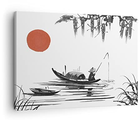 Bilder auf Leinwand China Angler Zeichnen Leinwandbild 70x50cm Wandbilder Dekoration Wohnzimmer Schlafzimmer Küche Deko Klein Wanddeko Bild Wand Kunstdruck Art Wall Decor Canvas AA70x50-4340