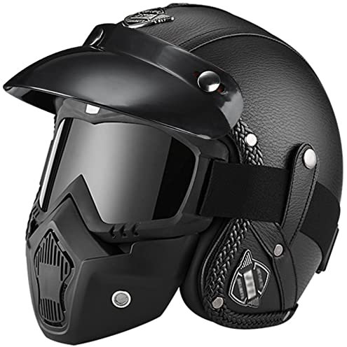 ZGFHTY Offener Motorradhelm Vintage-Lederhalbhelm Jethelm mit Maske 3/4-Sturzhelm ECE-geprüft abnehmbare Krempe Männer Frauen Moped Roller Cruiser 5,XXL(63-64CM)
