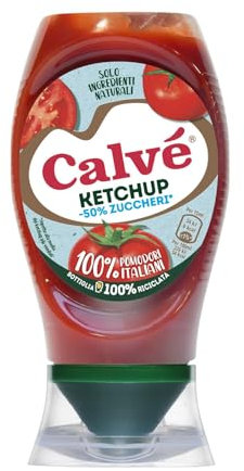 Calvé Ketchup Light, Formato 250 ml, Ketchup Light con Stevia*, Contiene il 50% in Meno di Zuccheri, Senza Glutine, Senza Conservanti e Senza Coloranti, Vegano, Bottiglia 100% Riciclata