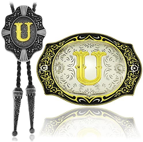 RechicGu 2 Stück Gürtelschnallen Bolo Krawatte Klein Set Gold Initial Buchstaben A bis Z Western Cowboy Kostüm Zubehör für Damen Herren U., Medium, U, M
