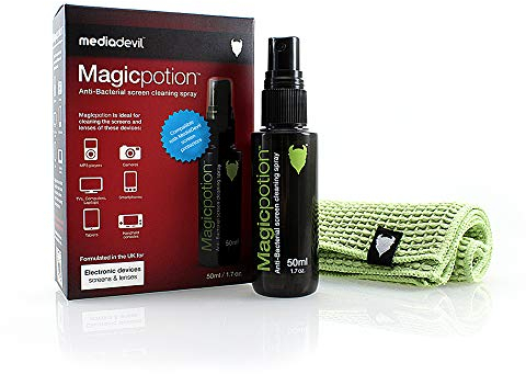 MediaDevil Magicpotion, spray antibatterico per la pulizia dello schermo e delle lenti, 50 ml (confezione da 2) con panno in microfibra