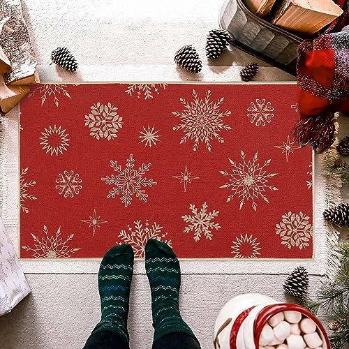 LuxFocus Weihnachts Fußmatte, Schneeflocken 40 x 80 cm, rutschfest für Drinnen und Draußen, Willkommens Fußmatte für Küche, Wäsche