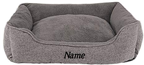 lionto Hundekissen meliert mit abnehmbarem Bezug, kuscheliges Heimtierbett mit komfortablem Einstieg für Hunde und Katzen, 75x60 cm, weiches Hundebett mit rutschfestem Boden, grau (Namensaufdruck)