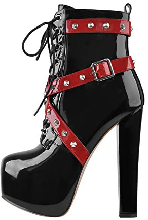 blingqueen Damen Plateau Stiefeletten Blockabsatz Schnürboots mit Riemen Nieten Zweifarbig Metallic Schwarz Rot 46 EU