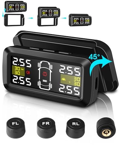 Jansite Upgraded TPMS Tyre Pressure Monitoring System Solar Wireless 4/2 Wheel Switch Modes Accuracy 0.01 Bar 21-87Psi Tyre Pressure Monitor 6 Alarm Mode with Detached Bracket and 4 External Sensors