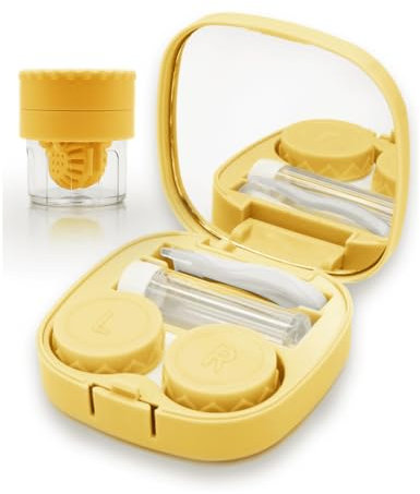 Vastsoon Contact Lens Case with Cleaner Washer, Travel Size Cute Colored Contact Lenses Applicator Removal Tool Kit with Mirror Solution Bottle for Daily Outdoor (Yellow)