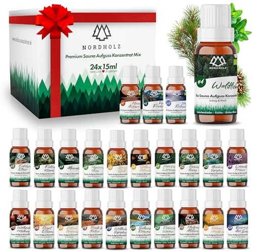 NORDHOLZ® Saunaaufguss Discovery Box 24x15ml [ #1-#24 NATURREINE ÄTHERISCHE ÖLE] Sauna Aufgussmittel - Sauna Aufguss aus Franken - Sauna Zubehör