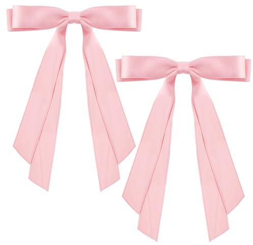 2 Pièces Pince à Nœud en Ruban Longue Queue Pince à Cheveux Noeud de Couleur Unie Pince à Cheveux avec Noeud Pince à Queue de Cheval Noeud Cheveux Accessoires pour Filles Femmes (Rose)