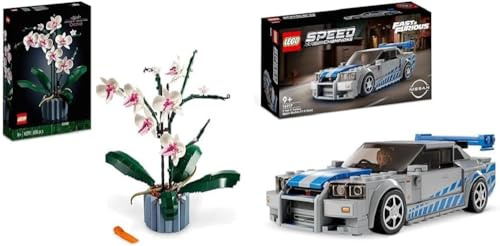 LEGO 10311 Icons Orchidee, Künstliche Pflanzen Set mit Blumen & 76917 Speed Champions 2 Fast 2 Furious Nissan Skyline GT-R (R34) Rennwagen Spielzeug