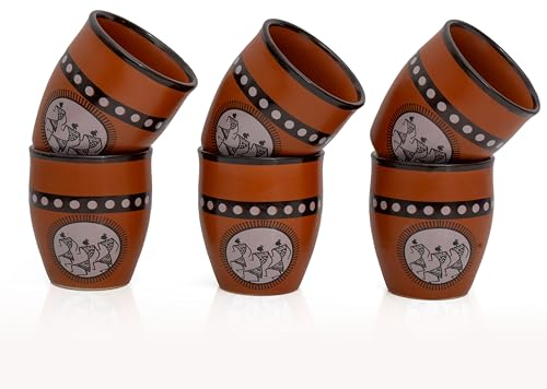 Lot de 6 tasses traditionnelles faites à la main Kulhar Kulhad Chai Thé Café Cantaritos en faïence émaillée Finition brillante Argile Terre cuite Artisanat Studio Poterie Mud Marron Qualité