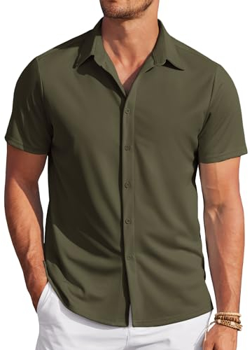 COOFANDY Camisa Hawaiana de Manga Corta para Hombre, Informal, sin Planchar, Camisas de Ocio para Hombre, Traje de Verano, Camisas Lisas con Botones, Verde Ejército XXL