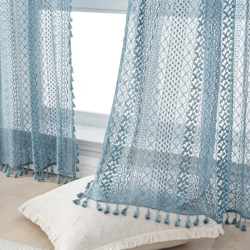 WAZZIO Boho-Spitzen-Vorhänge, 213 cm, 2 Paneele, lichtfilternde, Privatsphäre, Quaste und Geometrie, gehäkelt, halbtransparent, Vorhänge für Schlafzimmer, Wohnzimmer, Esszimmer, Stangentasche und