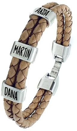 Pulsera con Nombres Personalizada en Zamak Baño Plata y Cuero Español. Tallas Personalizables. Modelo Unisex Varios Colores. Pulsera con Nombres. (Doble Beige)
