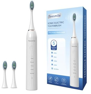Teesmile Elektrische Zahnbürste. Diese wiederaufladbare elektrische Zahnbürste ist in einer eleganten weißen Farbe erhältlich und bietet 5 Modi für eine individuelle Reinigung. Mit 2 Bürstenköpfen nur