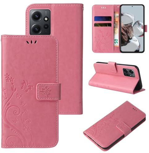 LBH Handy Hülle für Xiaomi Redmi Note 12 Case Handytasche Schmetterling Blumen Flower Standfunktion Schutzhülle Magnet Rundum Schutz 360 Grad Flipcase Cover Rosegold