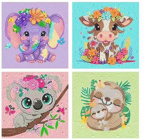 Daisen Art 4er Set Diamond Painting Kinder - Tier Diamant Painting Set, Cartoon Tier 5D Diamond Painting Kinder ab Jahre 6 Mädchen Junge Geschenk 15x15 cm